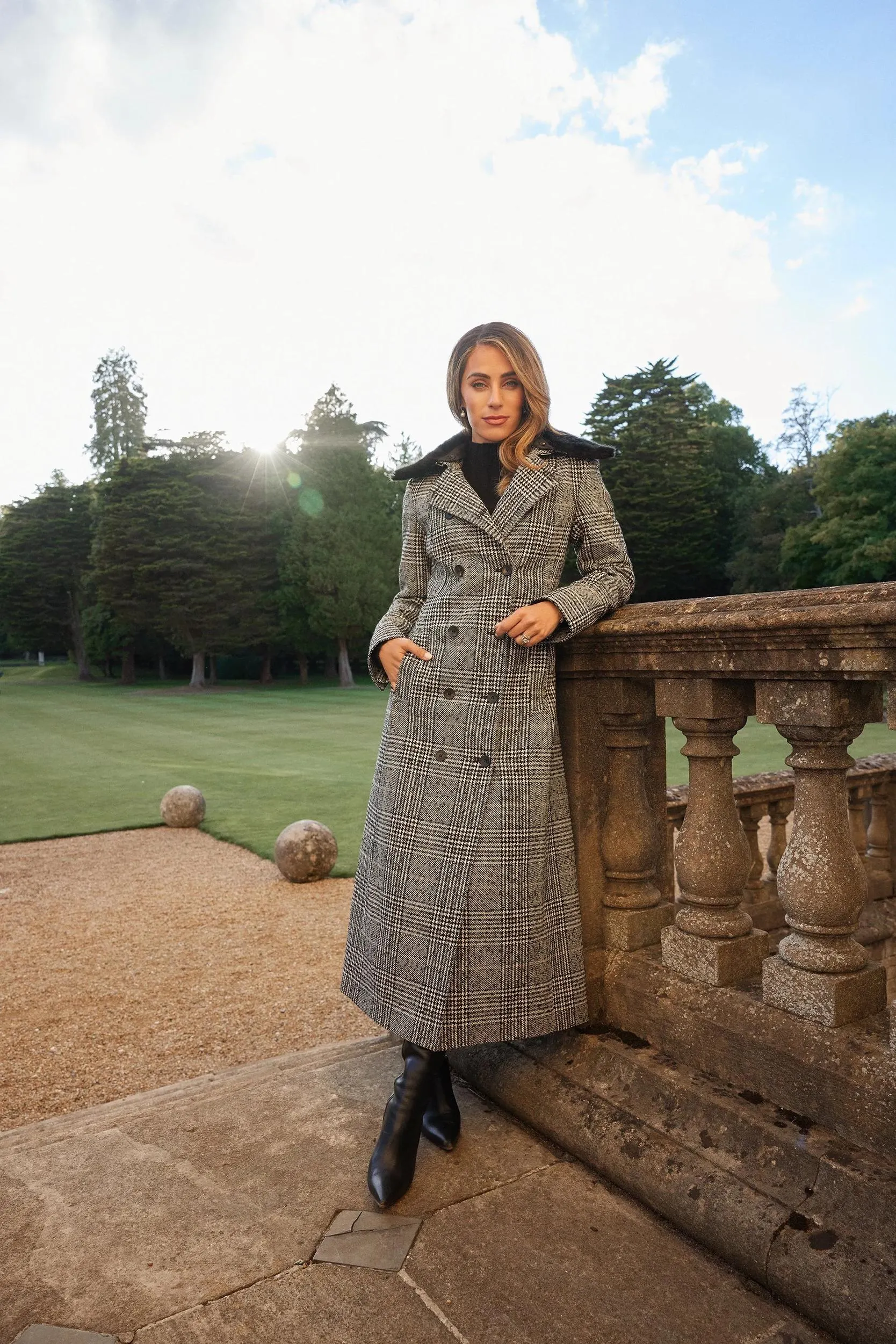 Lydia Millen Tailored Check Faux Fur Collar Maxi Coat