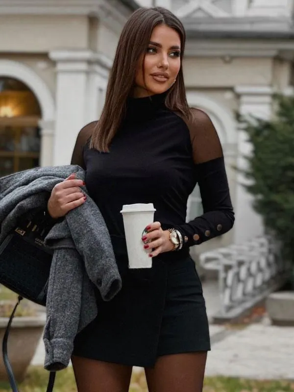 Long Sleeves Tees Khaki Polyester Sheer Lace High Collar Tee Shirt For Women