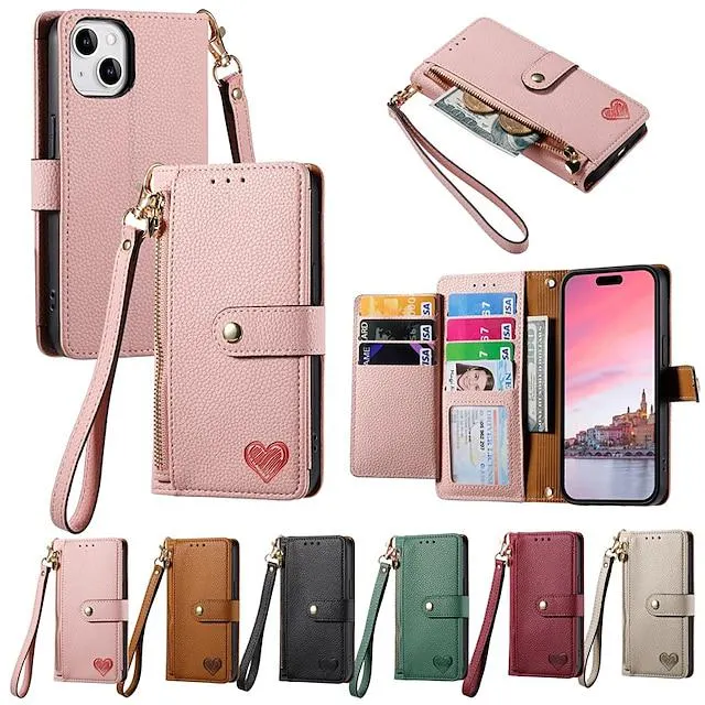 Phone Case with Cellphone Strip For Apple Wallet Case iPhone 14 13 12 11 Plus Pro Max Flip Wallet Zipper Heart TPU PU Leather