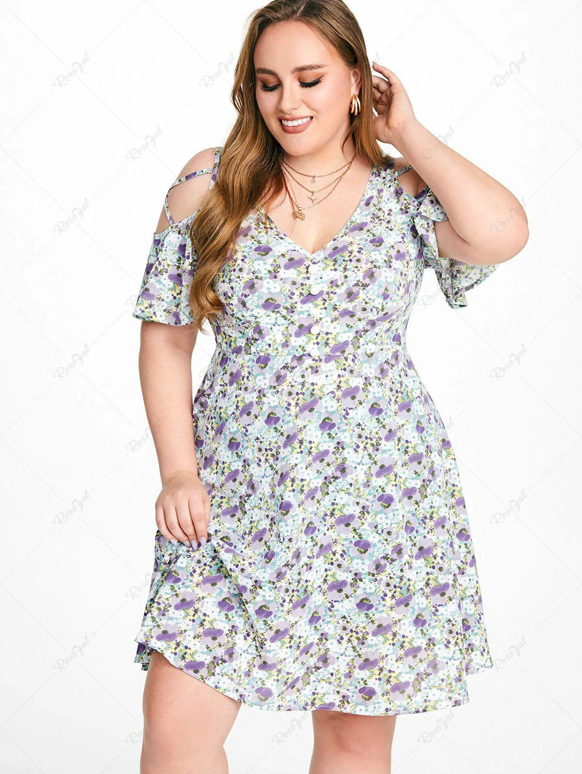 Plus Size Cottagecore Floral Cold Shoulder Criss Cross A Line Dress - L | Us 12