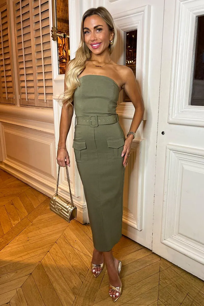 Khaki Stretch Cotton Strapless Belted Bodycon Midi Dress