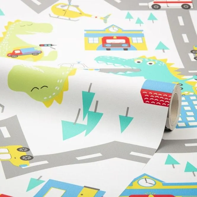 Dino Streets Childrens Wallpaper in White and Multicoloured