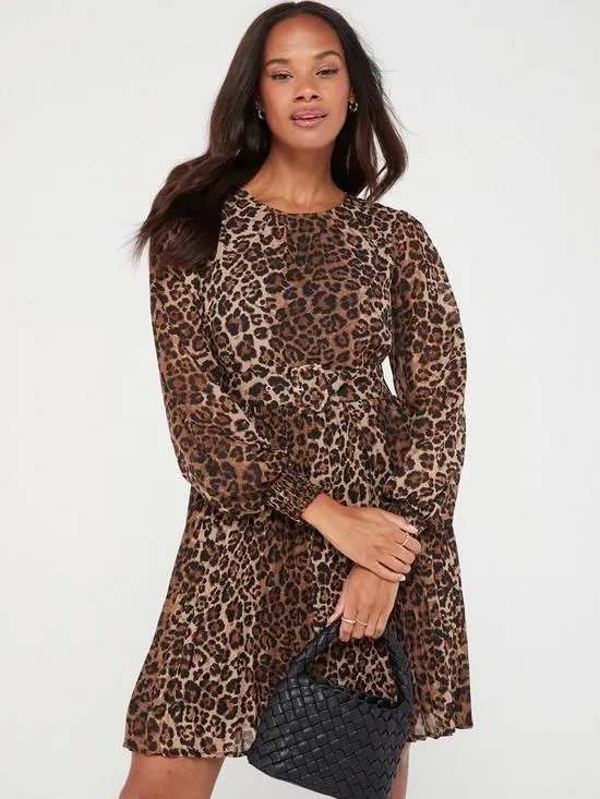 Long Sleeve Pleated Animal Print Mini Dress - Print