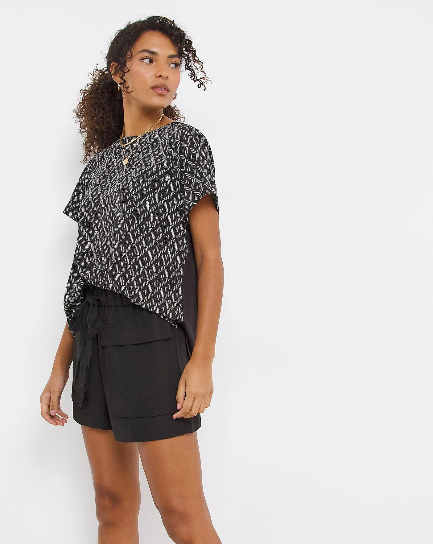 Geo Print Woven Front Jersey Back Printed Pocket Top