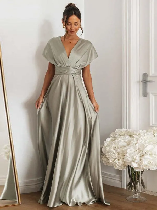 Party Dresses Gray Straps Neck Pleated Sleeveless Convertible Semi Formal Dress