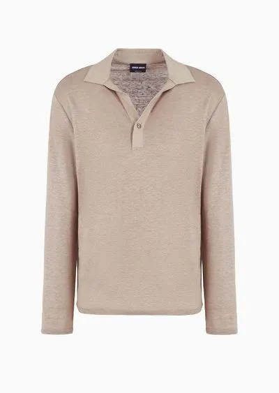 Long-sleeved polo shirt in pure linen jersey