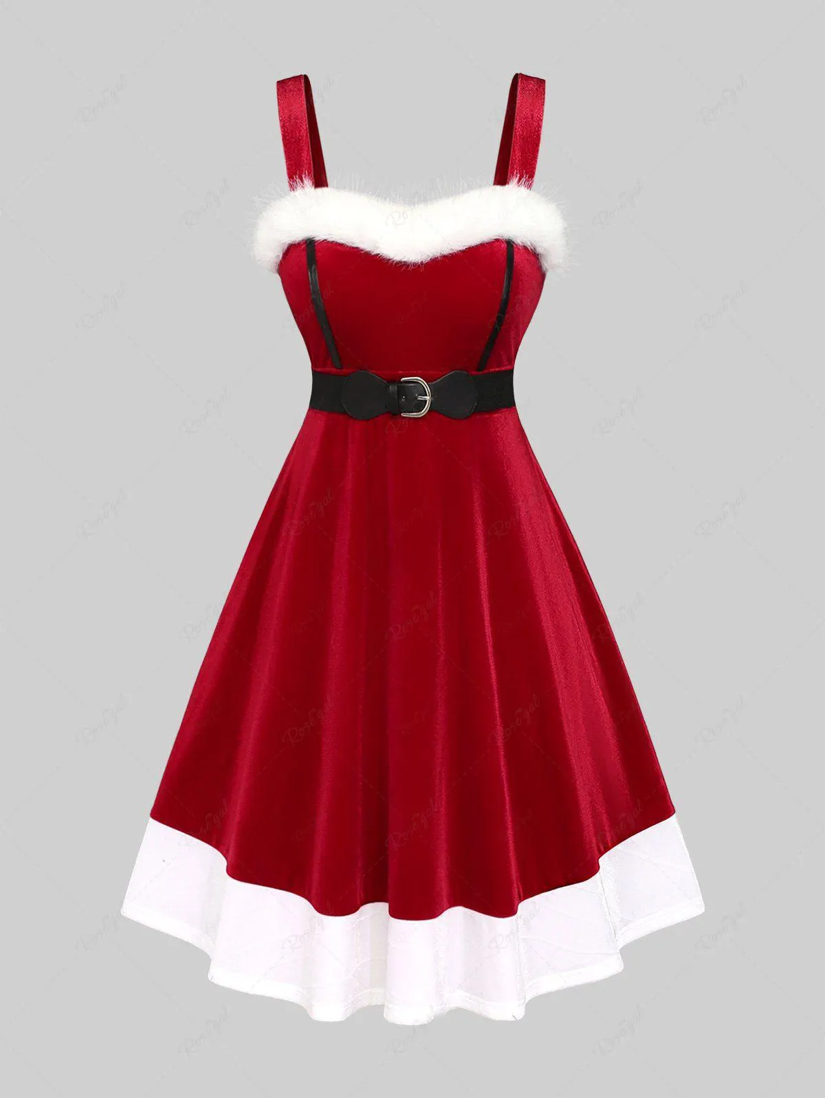 Plus Size Fuzzy Trim Bowknot Buckle Belt Two Tone Velvet Christmas Tank Dess - 3x | Us 22-24