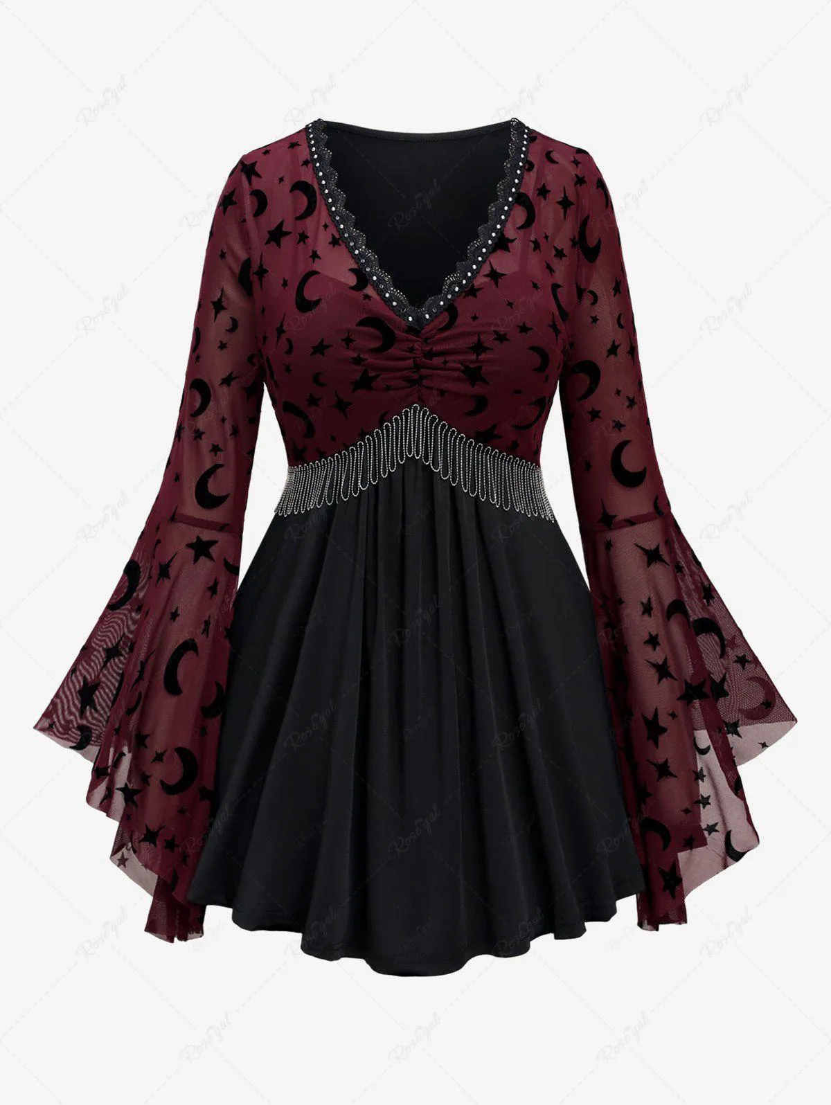 Plus Size Moon Star Print Mesh Panel Bell Sleeves Ruched Chain Tassel T-shirt - M | Us 10