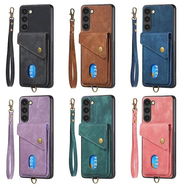 Phone Case For Samsung Galaxy Back Cover S23 S22 Ultra Plus FE A14 Note 10 Plus with Wrist Strap With Card Holder Kickstand Solid Colored TPU PC PU Leather