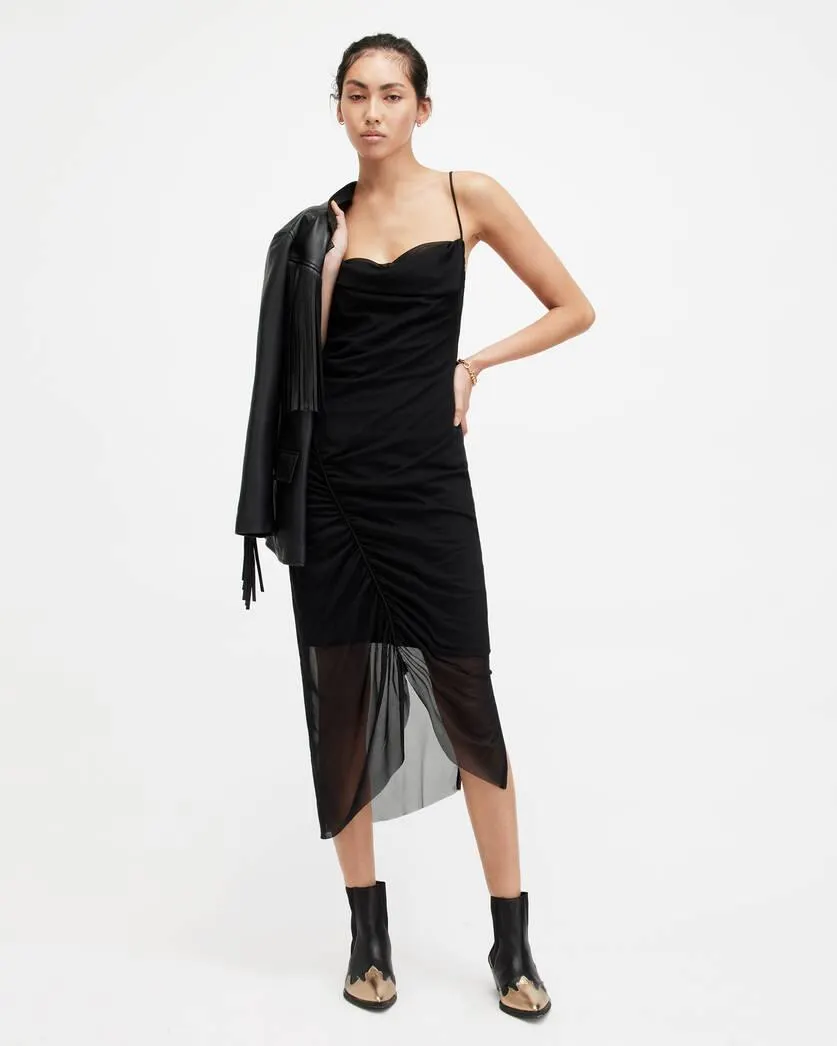 Ulla Mesh Draped Slim Fit Midi Dress