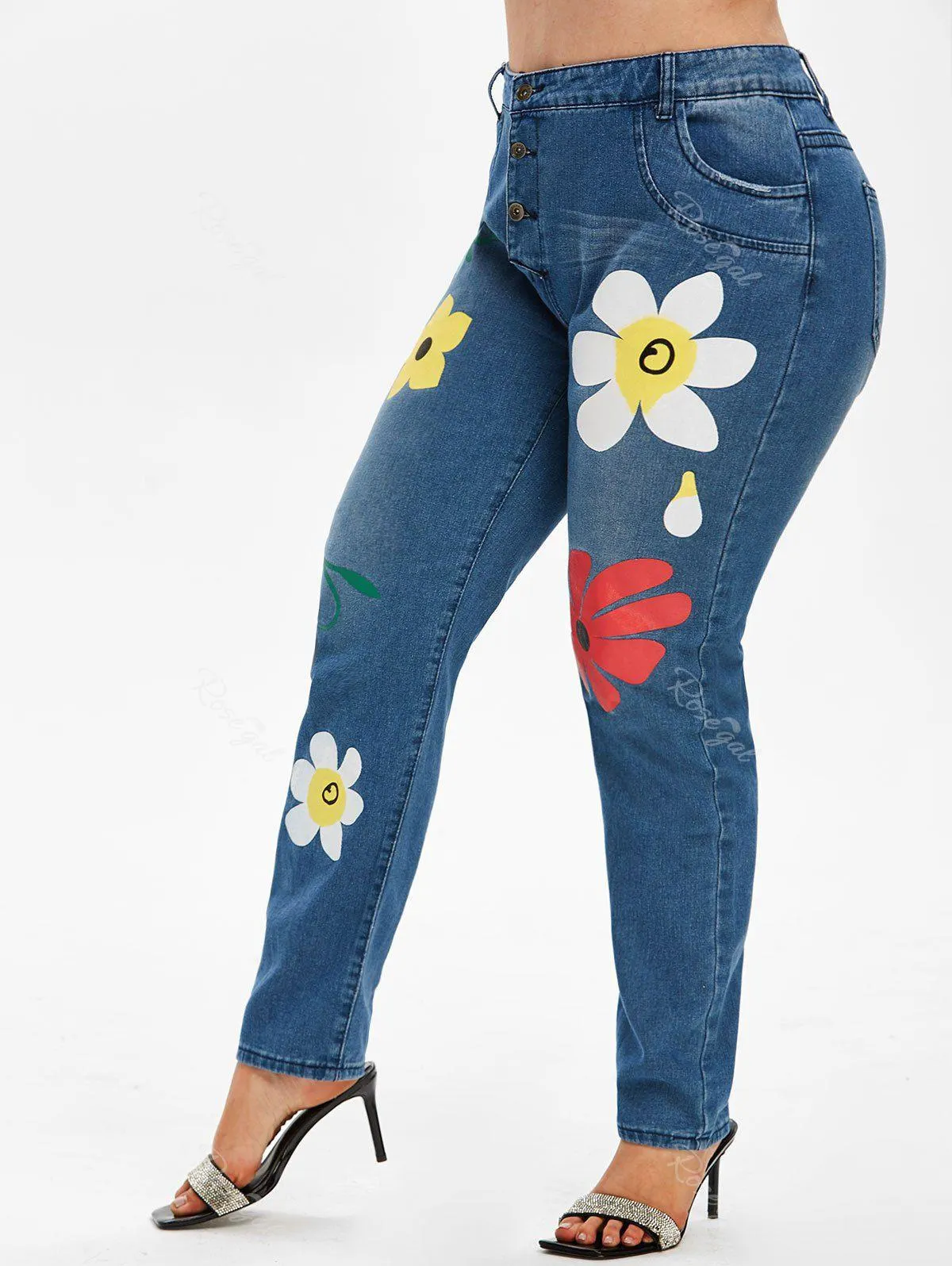 Plus Size Button Fly Floral Print Jeans - 1x