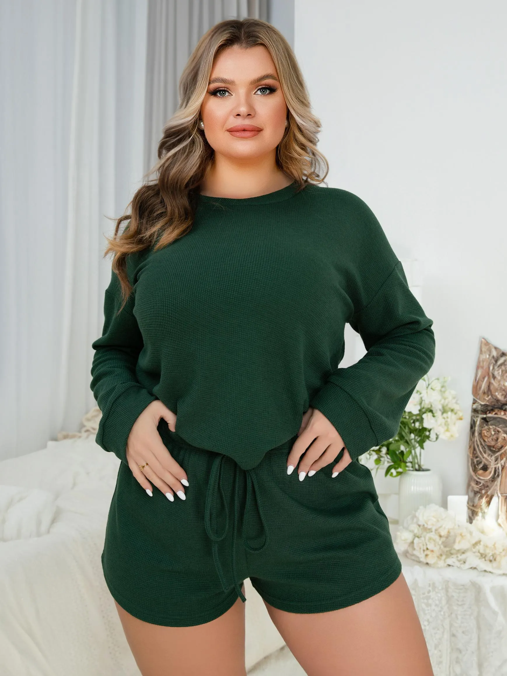 Home Wear Jewel Neck Long Sleeves Plus Size 3-Piece Sets