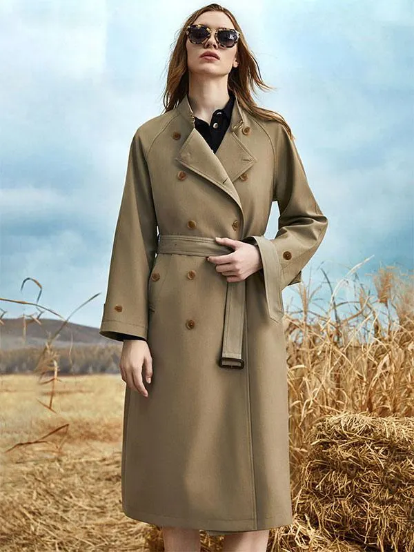 Women's Trench Coat Quality Sash Turndown Collar Long Sleeves Polyester Front Button
