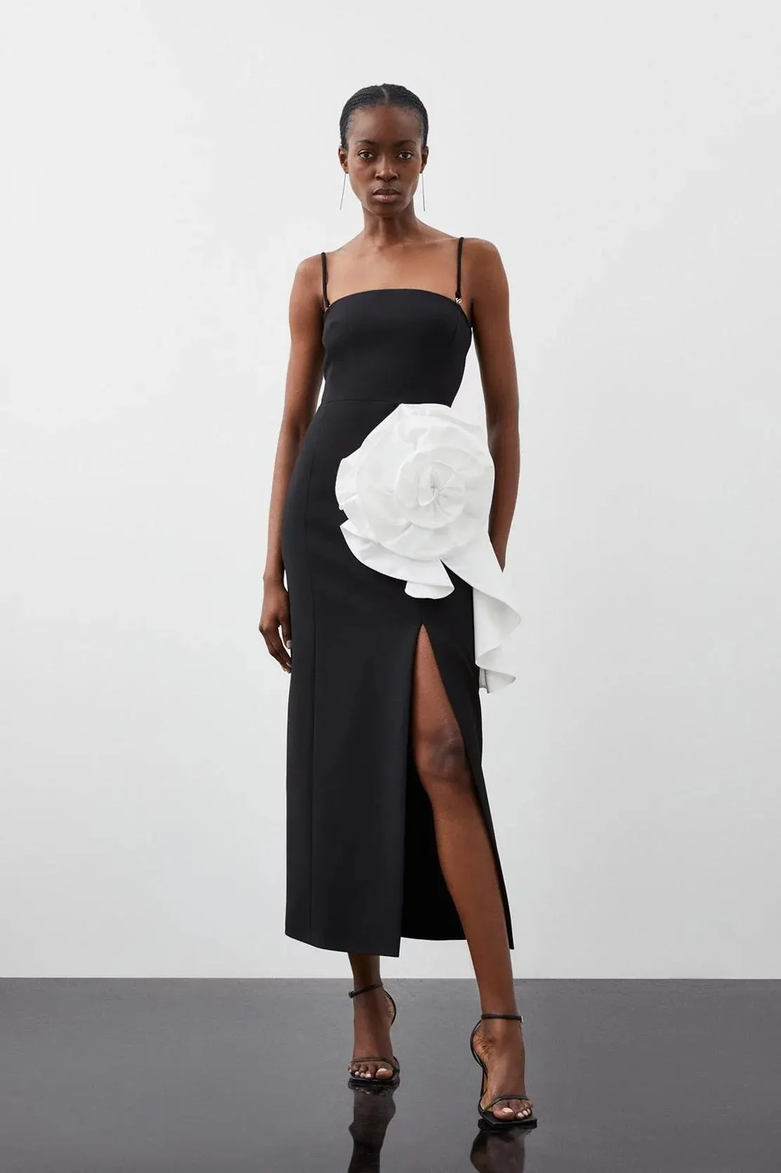 Tailored Compact Stretch Taffeta Rosette Bandeau Midi Dress