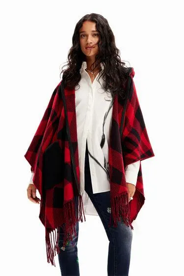 Plaid hooded poncho