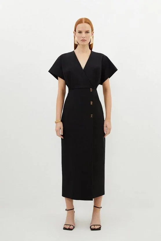 Techno Cotton Woven Midi Dress With Gold Clasp