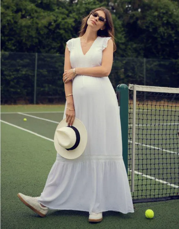 White Boho Lace Maternity & Nursing Maxi Dress