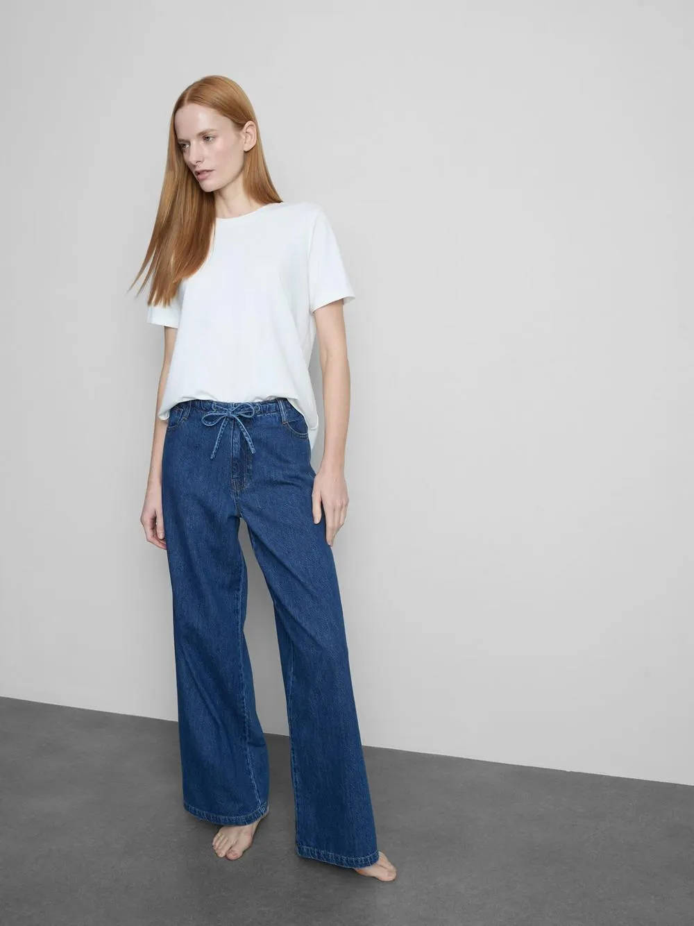 Tie Waist Mid-Rise Wide Leg Jeans