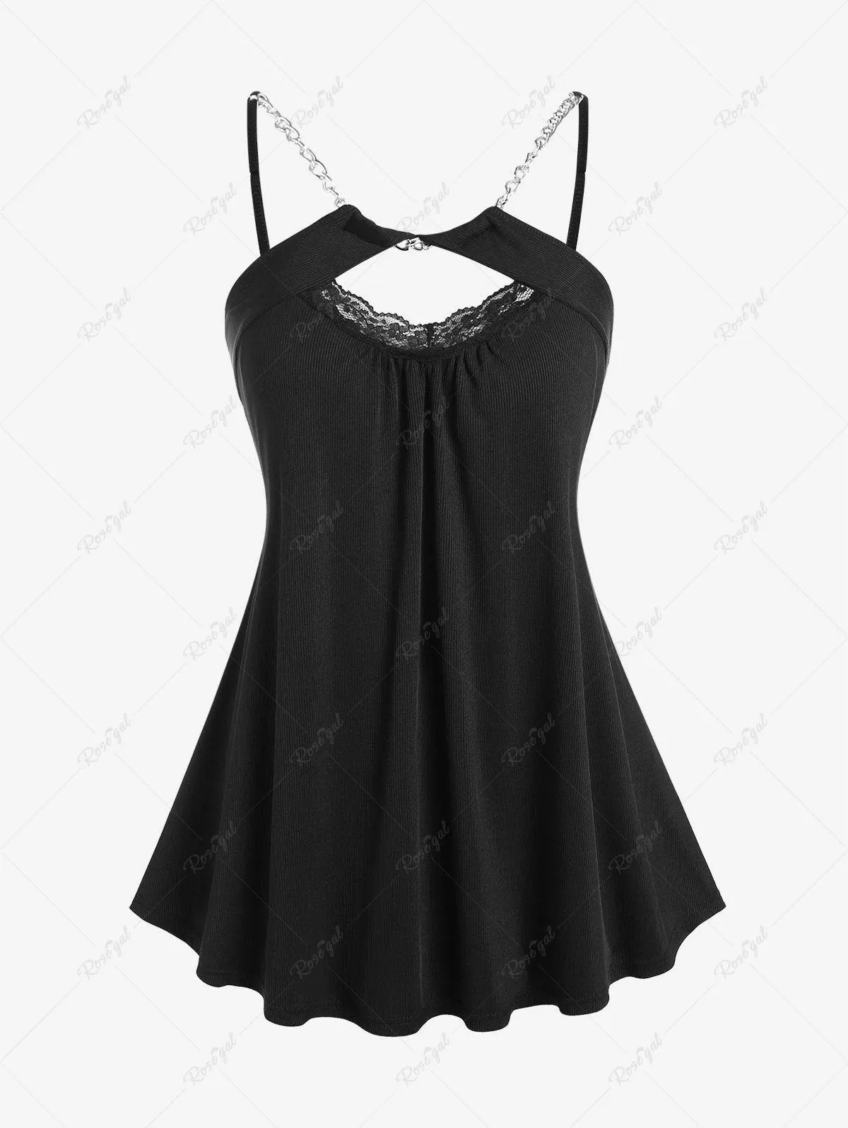 Plus Size Lace Panel Cutout Backless Chains Ribbed Tank Top - 2x | Us 18-20