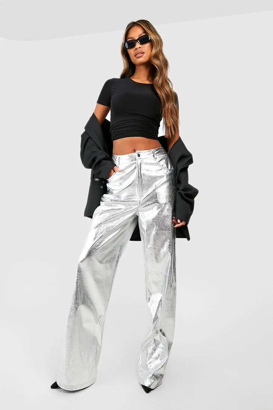 High Waisted Metallic Full Length Trousers