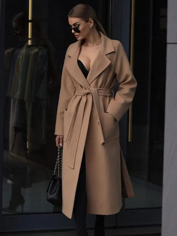 Wool Blend Wrap Coat Light Brown Turndown Collar Long Sleeves Elegant Winter Outerwear For Women
