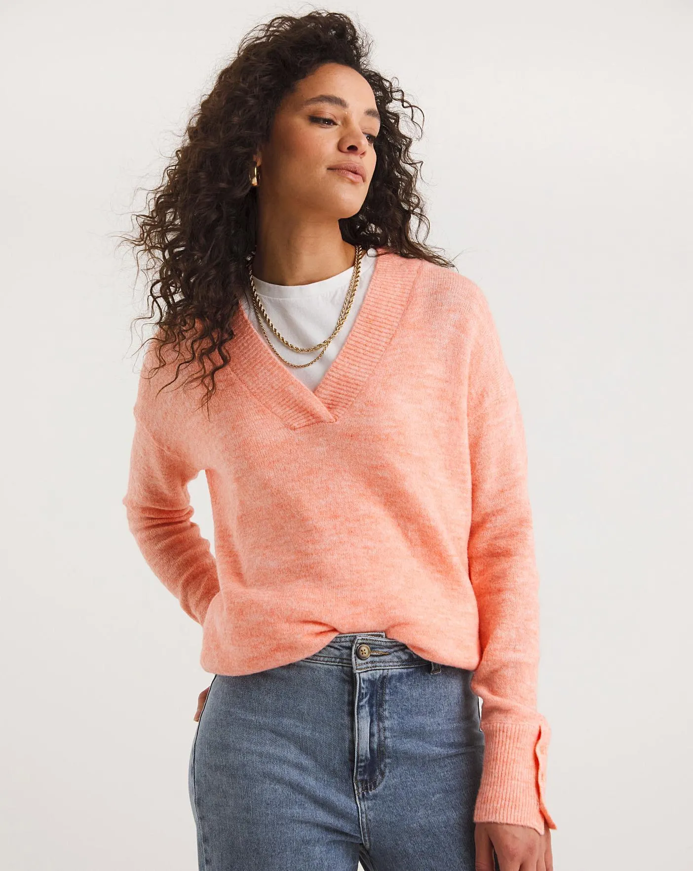 Orange V Neck Button Cuff Jumper