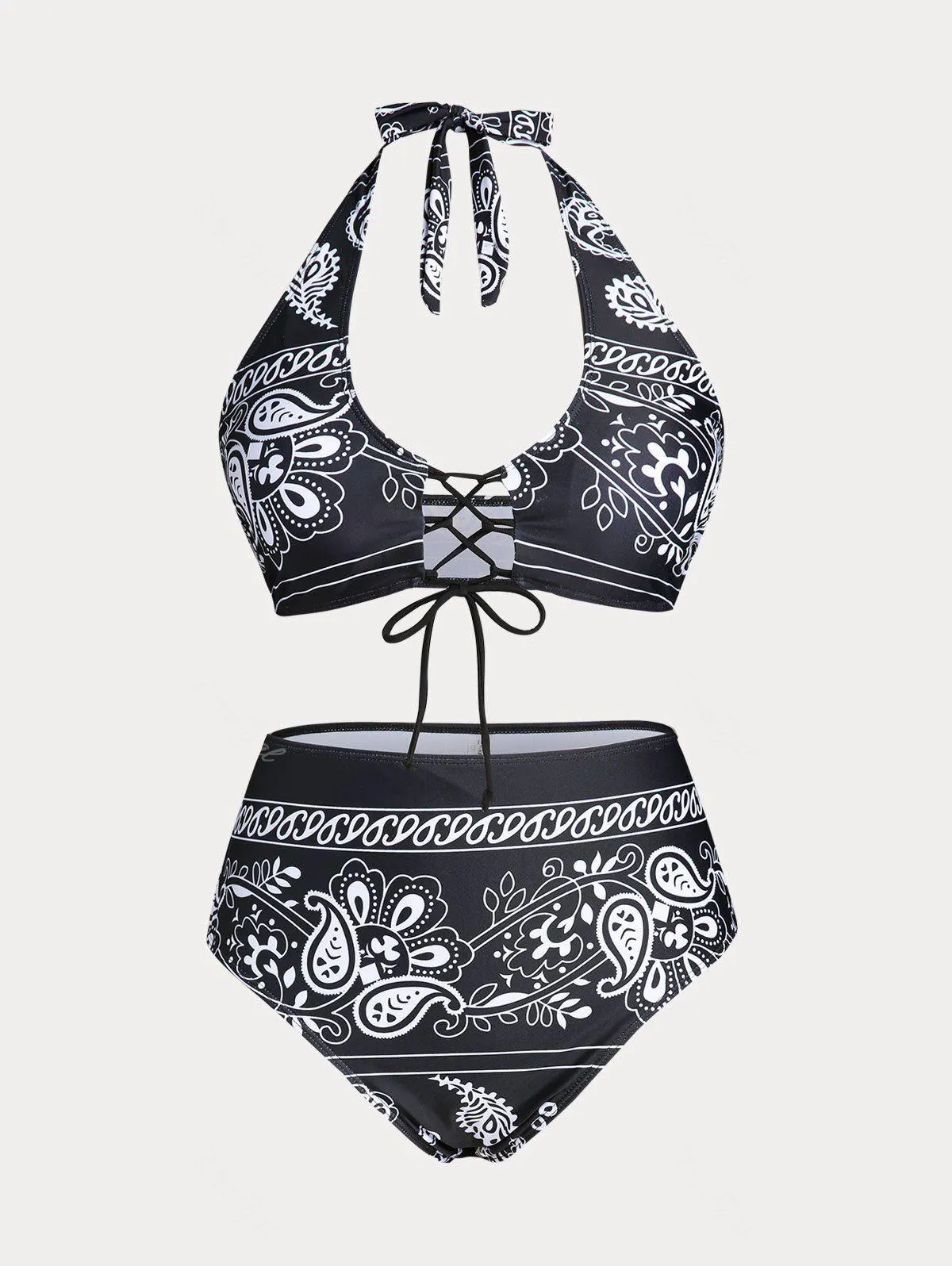 Plus Size & Curve Halter Paisley Lace Up Padded Bikini Swimsuit - 5x
