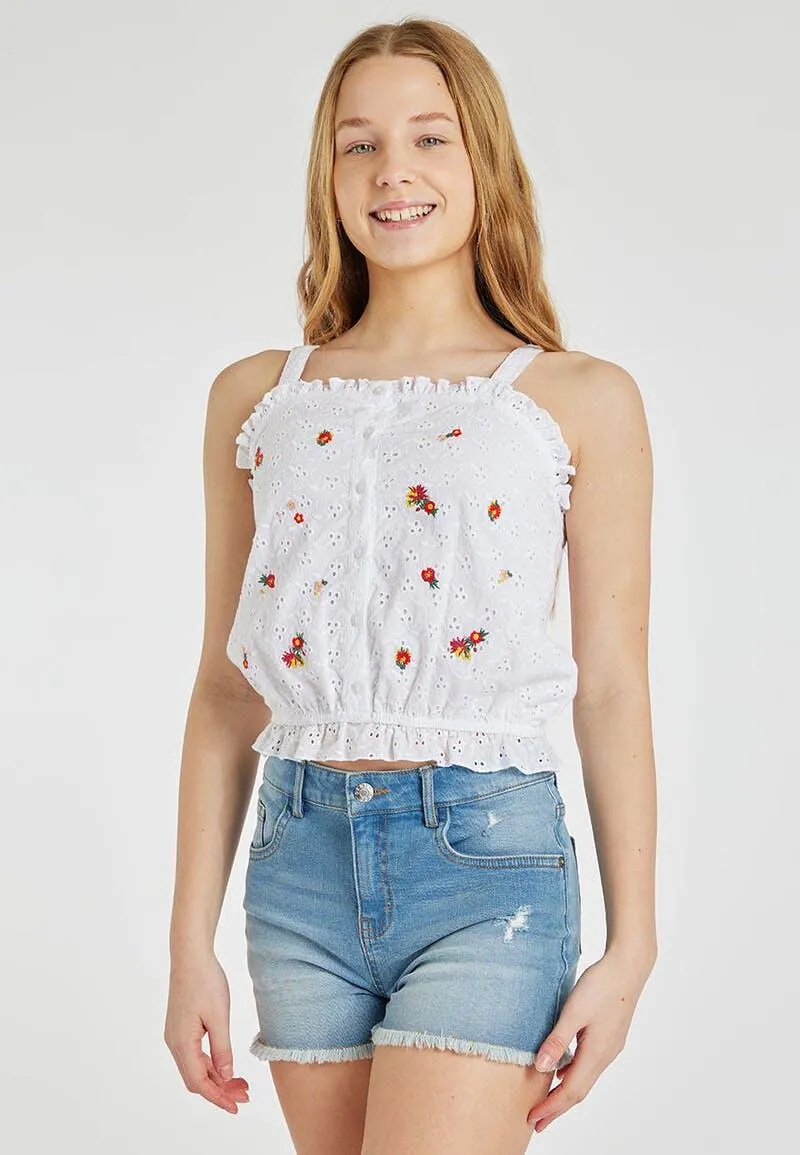 Older Girls White Embroidered Vest Top
