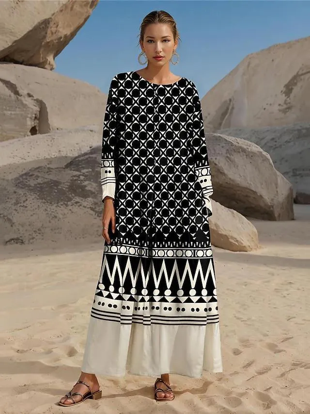 Women's Casual Dress Swing Dress Geometric Color Block Pocket Print Crew Neck Long Dress Maxi Dress Streetwear Maxi Street Date Long Sleeve Loose Fit Black Summer Spring S M L XL 2XL