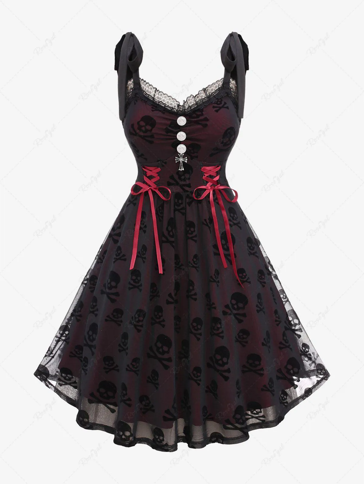 Plus Size Skulls Print Mesh Layered Lace Up Buttons Cross Ruched Dress - 3x | Us 22-24