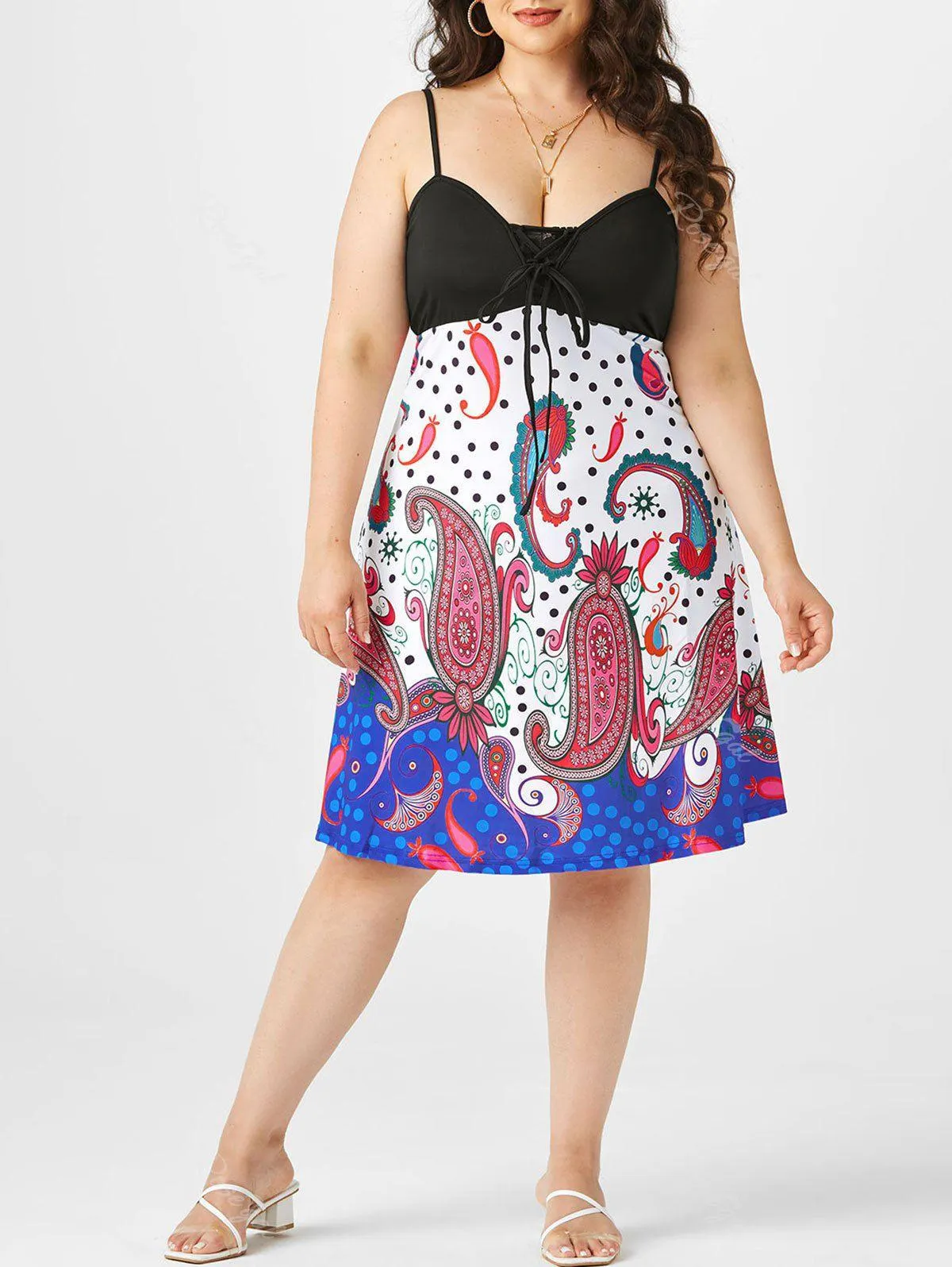 Plus Size Lace Up Paisley Print Slip Dress - L
