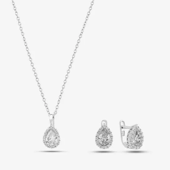 Silver & Cubic Zirconia Pear-Shape Cluster Necklace & Earring Set
