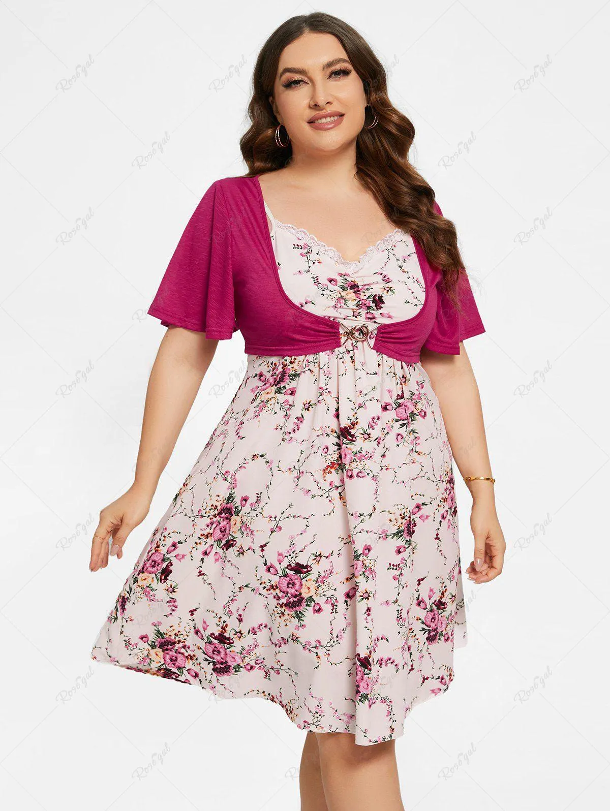 Plus Size Flutter Sleeves Crop Top and Lace Panel Floral Cami Dress Set - 2x | Us 18-20