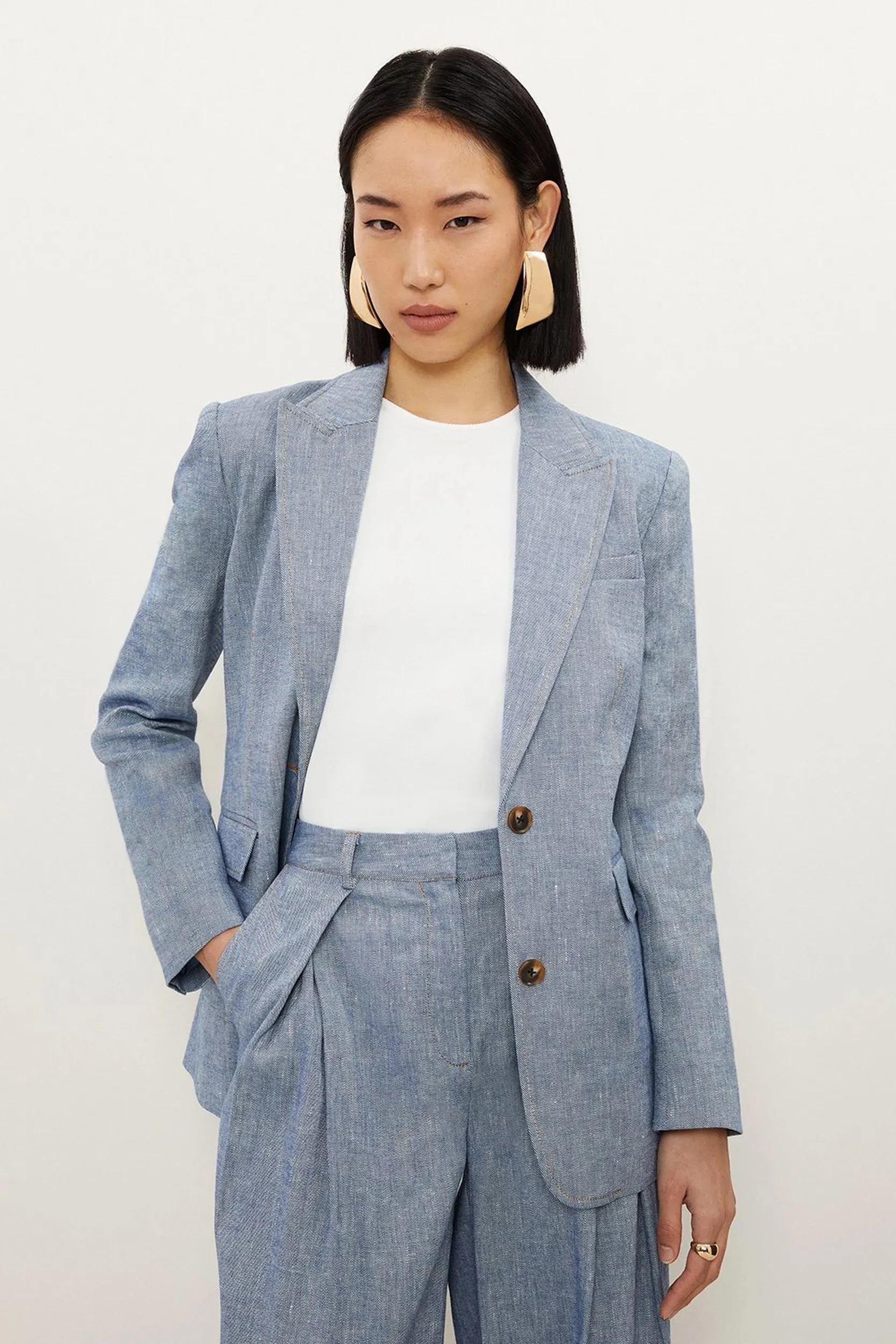 Tailored Denim Look Linen Single Breasted Jacket
