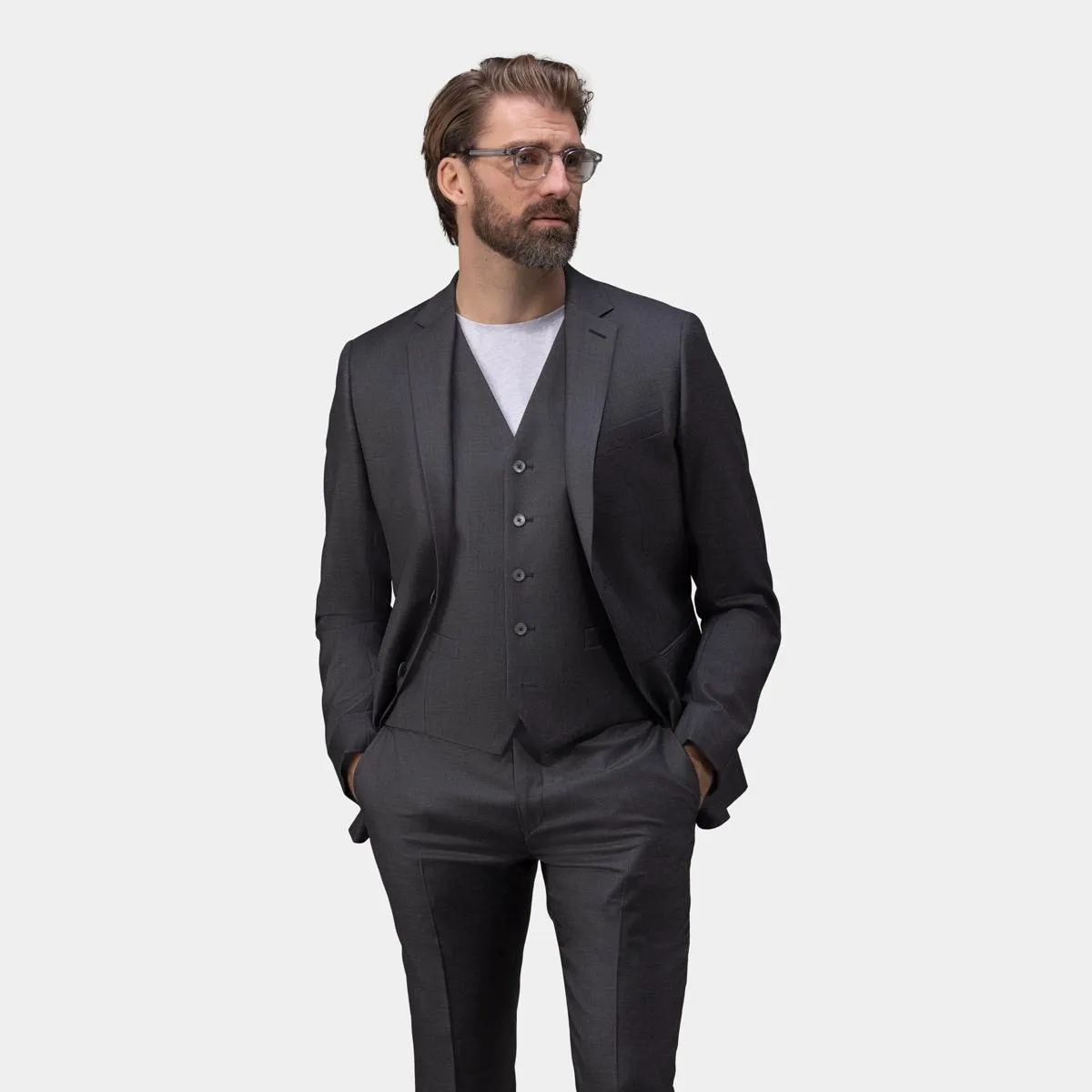 Dark gray three-piece suit