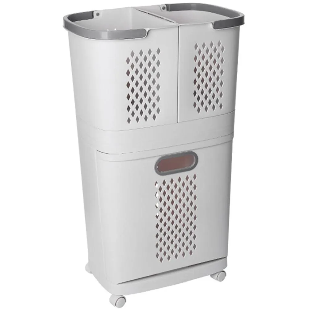 Living and Home 3 Compartment White Rolling Laundry Hamper