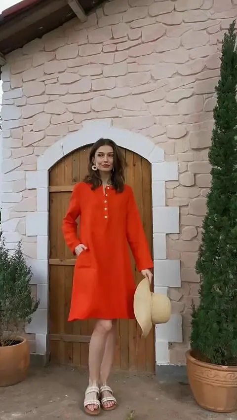 55% Linen Women's Orange linen Dress Plain Button Pocket Breathable Light and Comfortable Long Sleeve Mini Dress Loose Summer Spring