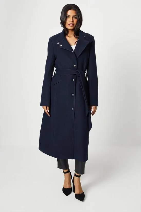 Petite Button Detail Funnel Neck Belted Wrap Coat