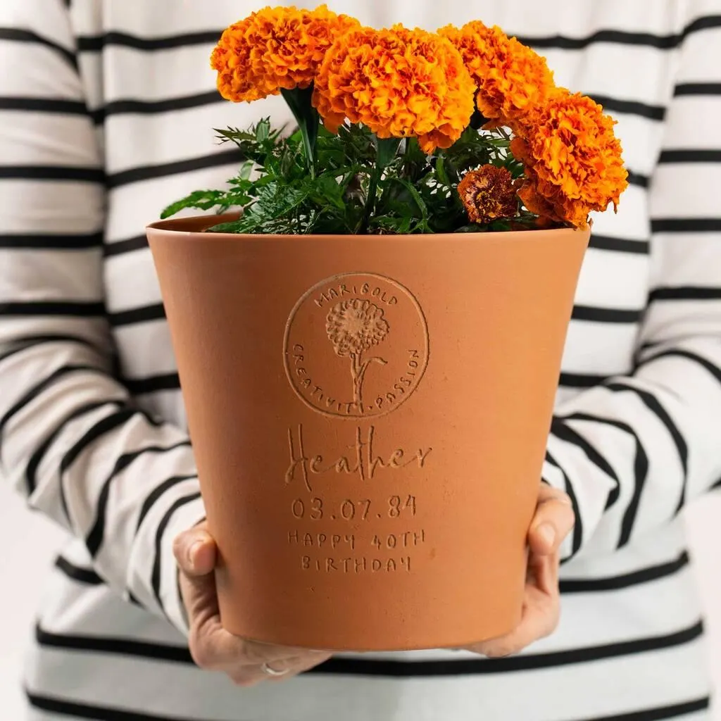 Engraved Birth Flower Plant Pot Birthday Gift For Her