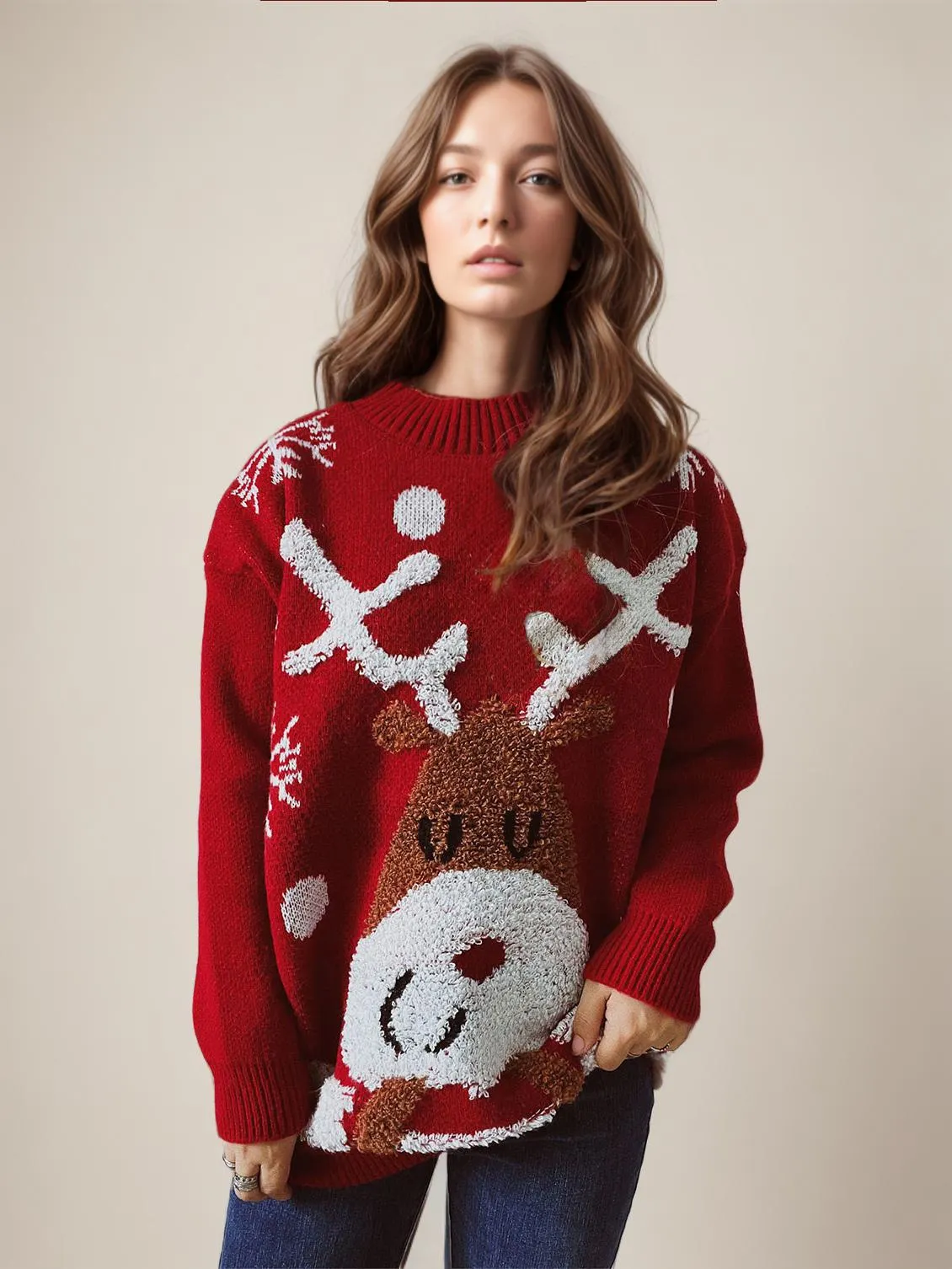 Women Pullover Sweater Red Crochet Christmas Pattern Jewel Neck Long Sleeves Oversized Polyester Sweaters