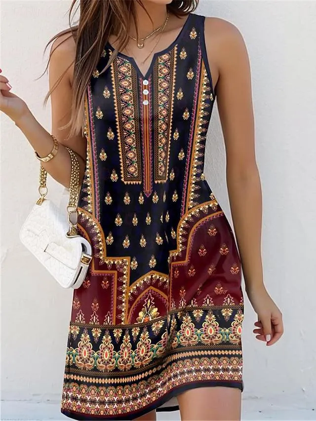 Women's Vintage Dress Casual Dress Tribal Button Print Split Neck Mini Dress Vintage Ethnic Street Holiday Sleeveless Regular Fit Yellow Purple Green Summer S M L XL XXL