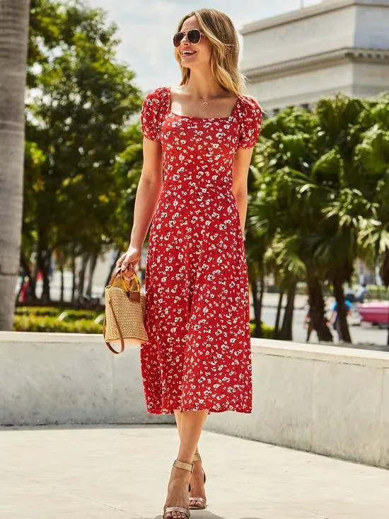 Red Ditsy Floral Print Puff Sleeve Jersey Midi Dress