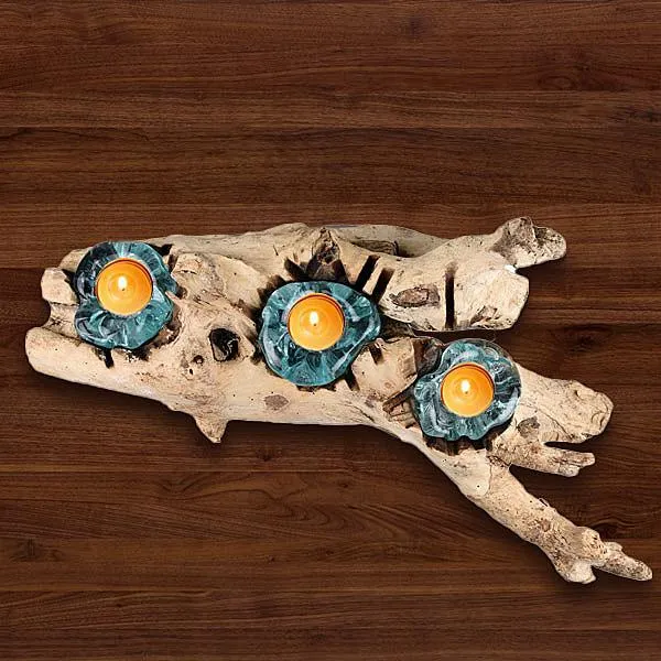 Jardin de Bali Gamal Wood and 3 Glass Tealight, Candle Holder For Home Décor