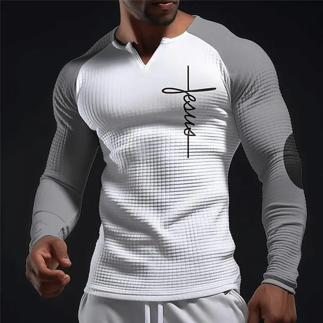 Graphic Color Block Faith Daily Classic Casual Men's 3D Print T shirt Tee Waffle Shirt Raglan T Shirt Sports Outdoor Holiday Going out T shirt Black White Dark Blue Long Sleeve V Neck Shirt Spring