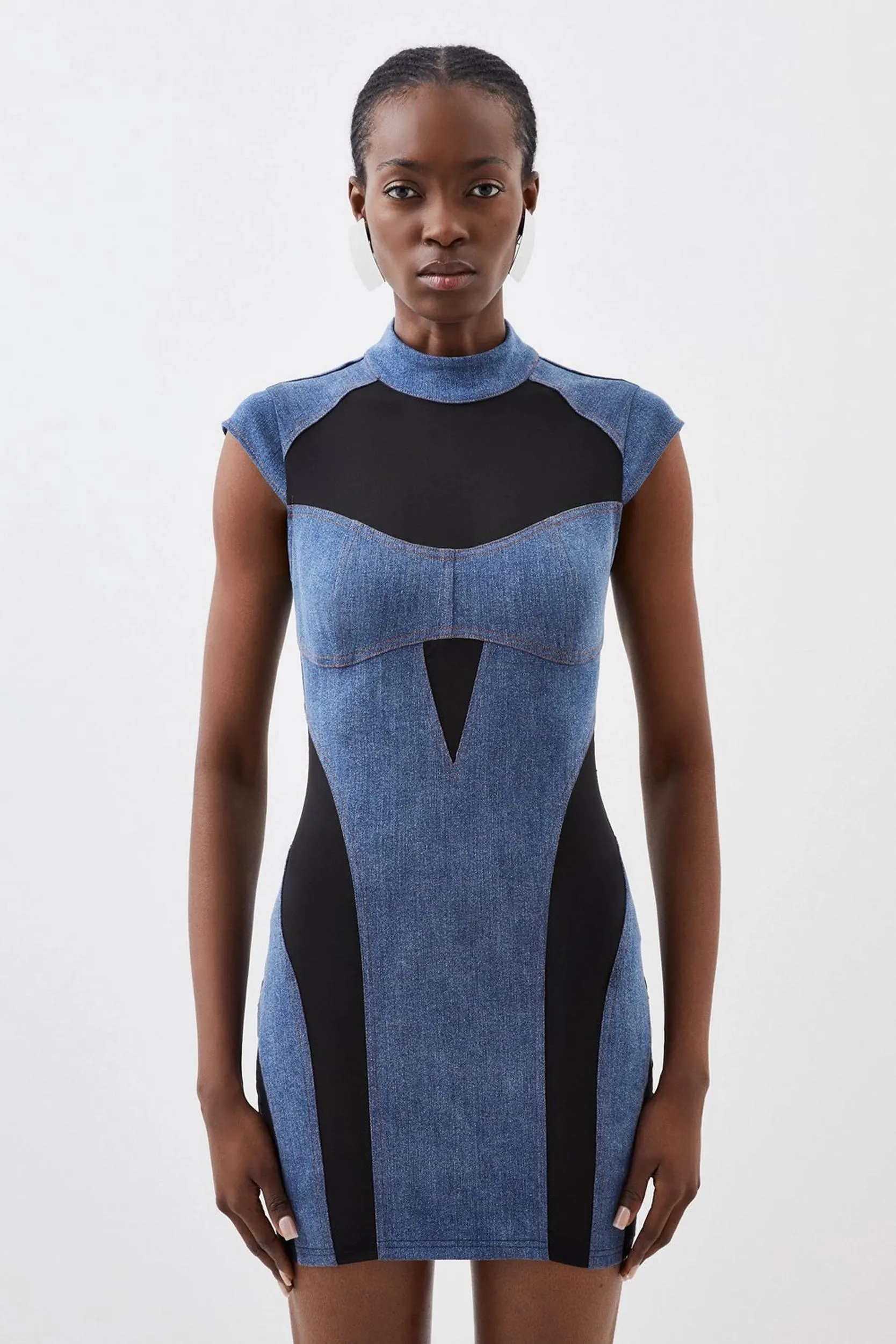 Stretch Denim And Mesh Panelled Mini Dress