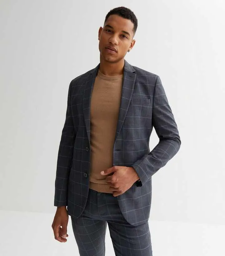 Navy Check Skinny Fit Suit Jacket