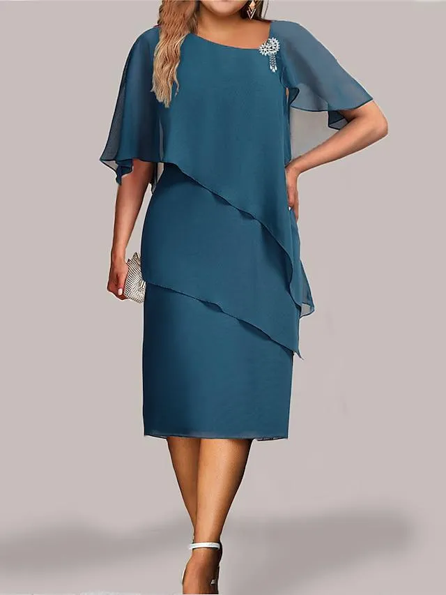 Women's Plus Size Curve Party Dress Cocktail Dress Chiffon Dress Plain Midi Dress Half Sleeve Ruffle Layered V Neck Fashion Party Wine Blue Fall Winter L XL XXL 3XL 4XL