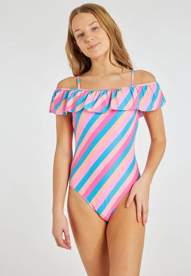 Older Girls Coral and Blue Stripe Bardot Swimsuit