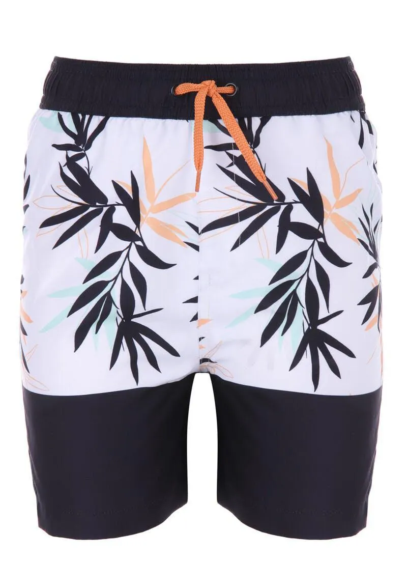 Older Boys Black and White Leaf Print Board Shorts