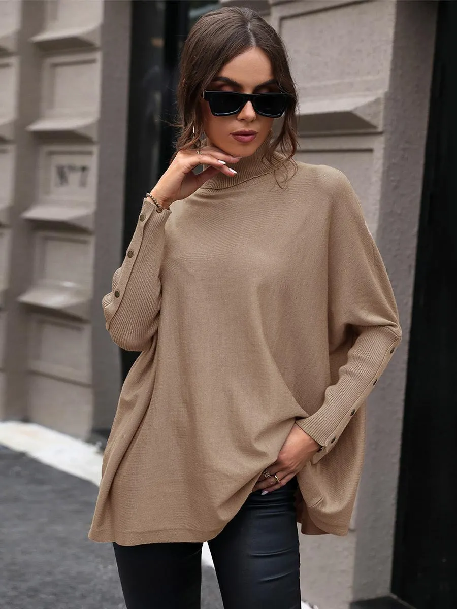 Pullovers For Women Khaki High Collar Long Sleeves Polyester Sweaters